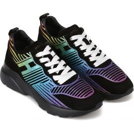 Hogan Sneakers fashion con zeppa da donna in pelle nera con disegno multicolore