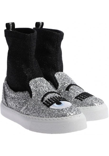 Chiara Ferragni Sneakers alte donna in tessuto argento e nero glitter