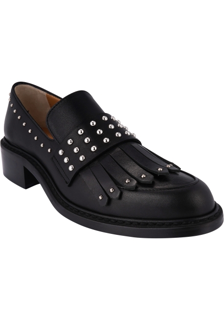 Barbara Bui Mocassini slip-on da donna in pelle nera con frangia e borchie argentate