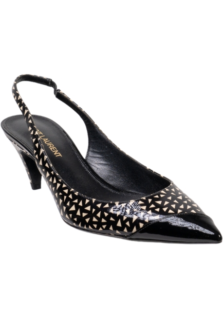 Saint Laurent Decolletè slingback da donna in pelle verniciata nera con triangoli bianchi
