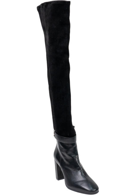 Stuart Weitzman Stivali alla coscia con tacco da donna in pelle e camoscio nero con cerniera