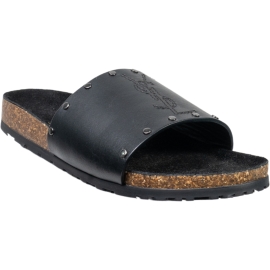 Saint Laurent Sandali bassi slip-on da donna in pelle nera con marchio ricamato sulla fascia
