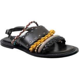 Sartore Sandali bassi da donna in pelle nera e corda intrecciata multicolore chiusura con fibbia