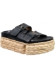 Clergerie Sandali slip-on con zeppa in rafia da donna in pelle nera con fibbie