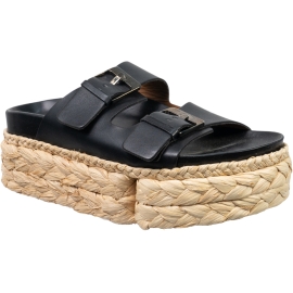 Clergerie Sandali slip-on con zeppa in rafia da donna in pelle nera con fibbie