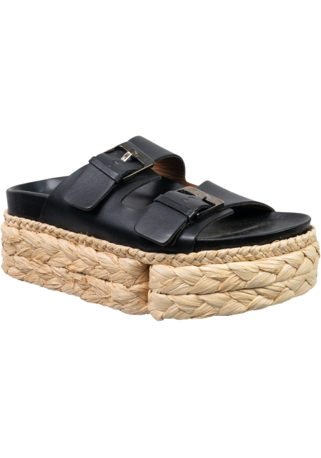 Clergerie Sandali slip-on con zeppa in rafia da donna in pelle nera con fibbie