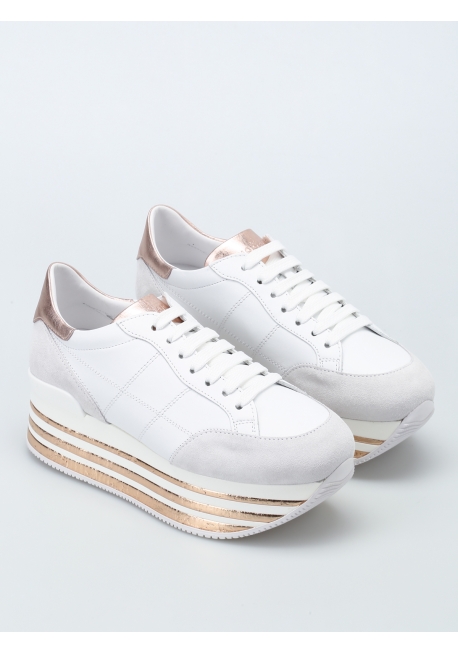 Sneakers zeppa Hogan in pelle e camoscio bianco