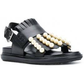 Sandali bassi Marni in pelle nero con frange e perle