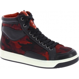 Prada Sneakers alte da donna con stampa mimetica in pelle tessuto rosso/nero